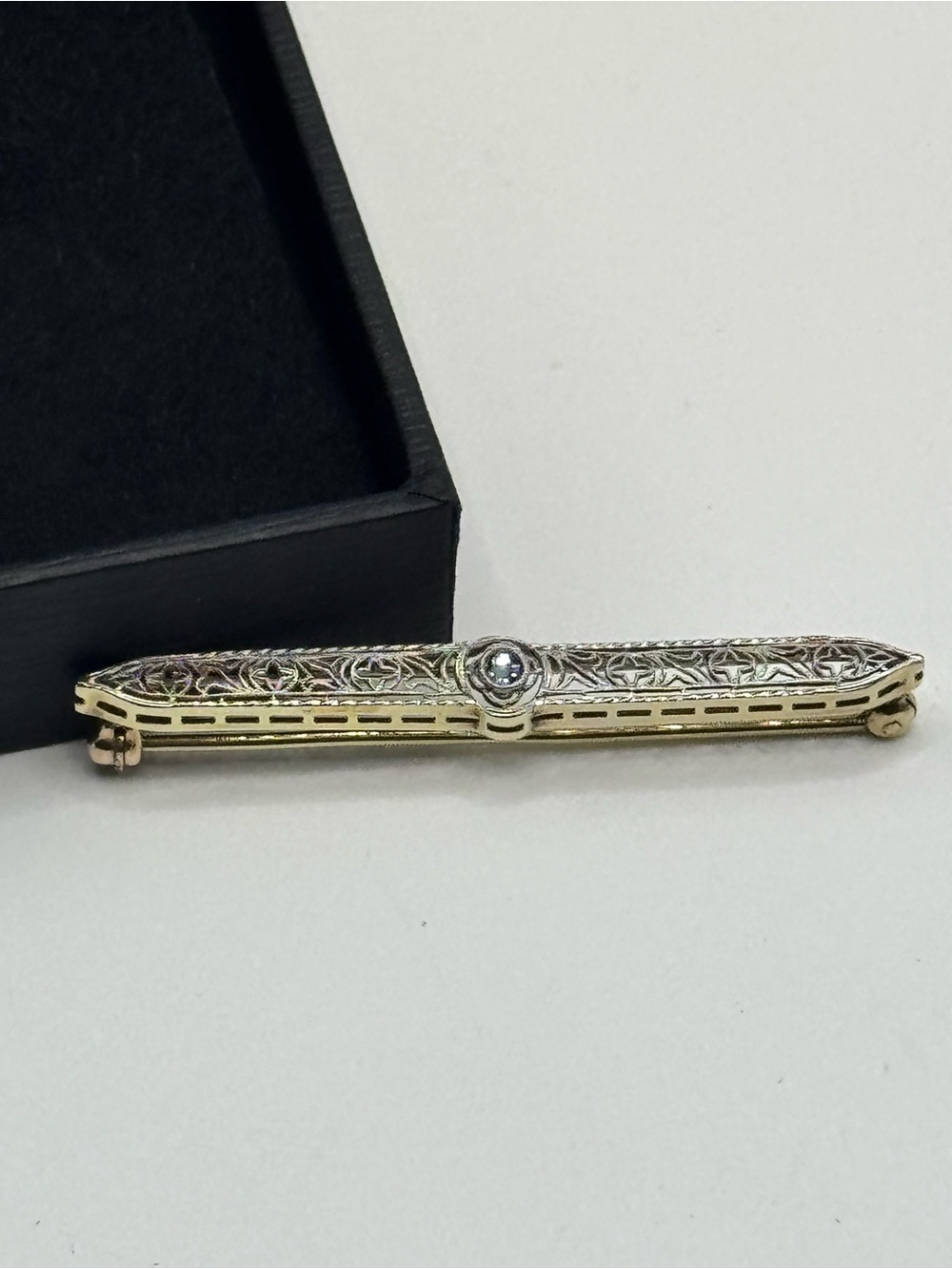 Vintage Platinum & 14k Gold Sapphire Art Deco Stick Pin Brooch - Picture 11 of 12